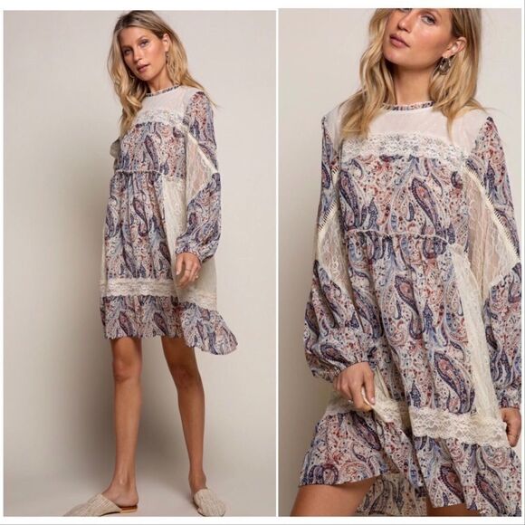 COTTAGE Core Woven Paisley Midi Dress w/ Lace And Ruffles - Picture 1 of 16
